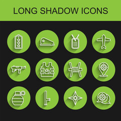 Set line Hand grenade, Police rubber baton, Military rank, Japanese ninja shuriken, Target sport, Bulletproof vest, and Barbed wire icon. Vector