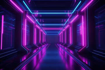 3d render, pink violet blue neon abstract background, ultraviolet light, night club empty room interior, tunnel or corridor, glowing panels, fashion podium,Generative AI