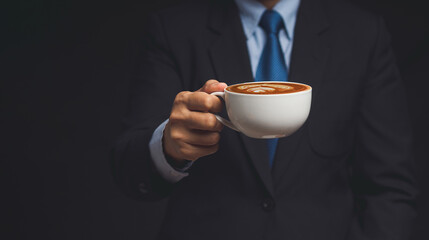 Businessman in a suit is holding a cup of coffee while standing against a black background