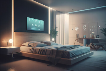 Bedroom with smart appliances with display screen and voice-controlled settings, concept of smart home and advanced artificial intelligence. Generative AI