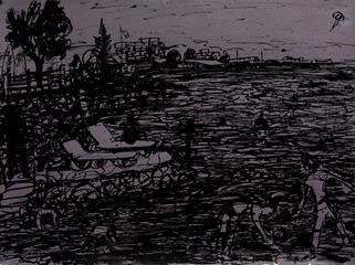 seascape with sun loungers and children hand drawn in ink on brown paper