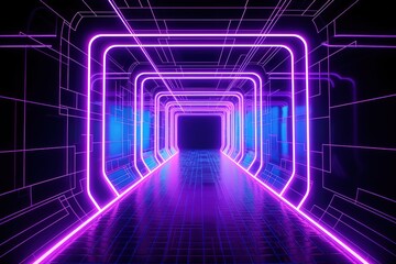 3d render, ultraviolet neon square portal, glowing lines, tunnel, virtual reality, abstract fashion background, violet neon lights, arch, pink purple vibrant colors, laser show, Generative AI