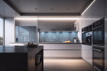 Kitchen with smart appliances with display screen and voice-controlled settings, concept of smart home and advanced artificial intelligence. Generative AI