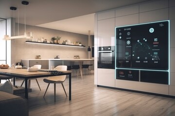Livingroom with smart appliances with display screen and voice-controlled settings, concept of smart home and advanced artificial intelligence. Generative AI