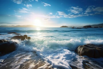 Fototapeta premium Paradise beach with beautiful waves. Generative AI