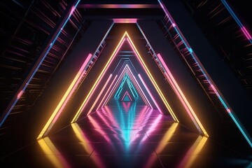 3d render, yellow pink blue neon light, abstract ultraviolet background, triangle shape, dynamic glowing lines, psychedelic vibrant colors, show stage, tunnel, night club interior, Generative AI