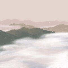 Mountain view covered with white mist