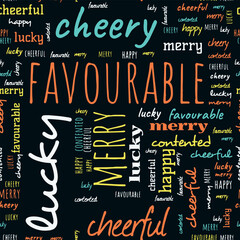 Word pattern on the topic happy, favorable, lucky, cheerful, cheery, merry.