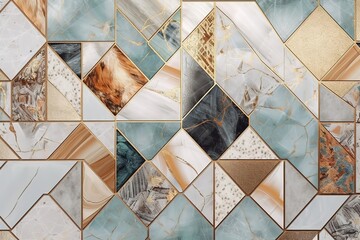 Abstract geometric background with marble mosaic inlay. Mixed wall tiles with artificial stone textures and shiny metallic foil. Modern wallpaper, Generative AI - obrazy, fototapety, plakaty