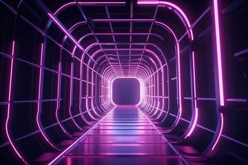 Abstract minimal ultraviolet background, 3d render of geometric shape, tunnel, corridor, pink neon light, stage design, floor reflection, Generative AI