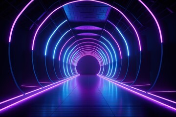 Abstract minimal ultraviolet background, 3d render of geometric shape, round arch, tunnel, corridor, blue led, neon light, stage design, floor reflection, Generative AI
