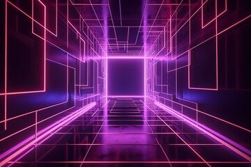 Fototapeta premium Abstract minimal ultraviolet background, 3d render of geometric shape, tunnel, corridor, pink neon light, stage design, floor reflection, Generative AI