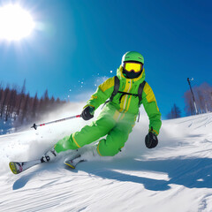 Skier skis fast down a slope on heavily snowy slope, blue sky and sunshine