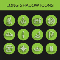 Set line Antique treasure chest, Ship steering wheel, Pirate coin, hat, Lighthouse, sword, flag and Bottle with message water icon. Vector