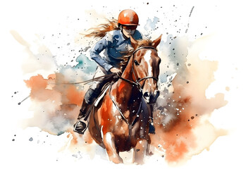 Fototapeta premium Watercolor design of a horse riding woman - Generative AI