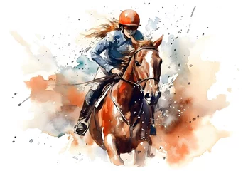 Fototapeten Watercolor design of a horse riding woman - Generative AI © HeGraDe