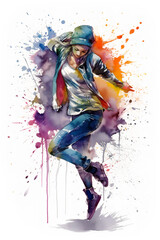 Watercolor design of a female hip hop dancer - Generative AI - obrazy, fototapety, plakaty