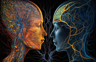 Silhouettes of two people with glowing neural connections. The concept of relationships, different views, feelings and faith. The process of human thinking and ideas. Generative AI	
