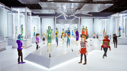 Obraz premium Metaverse avatars of people shopping in digital clothing shop, 3d render