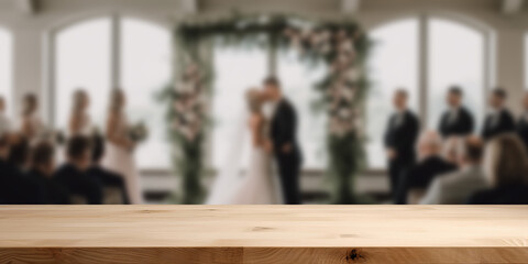 Empty wooden counter table top for product display with a wedding scene background. Generative ai