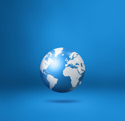 World globe, earth map, isolated on blue. Square background