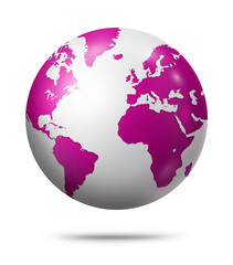 Pink earth globe isolated on white background
