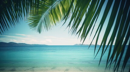 Fototapeta premium Tropical summer seascape with palm leaves, beach and paradise ocean. Vacation and travel backdrop. Generative AI