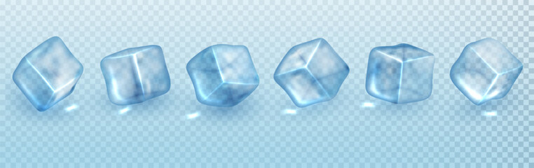 Set ice cubes isolated. Realistic 3d transparent frozen ice crystal cubes for alcohol and beverage for cooling