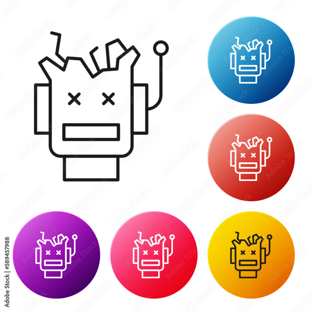 Poster black line broken robot icon isolated on white background. artificial intelligence, machine learning