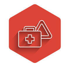 White line First aid kit and warning triangle icon isolated with long shadow. Must be in the car. Red hexagon button. Vector