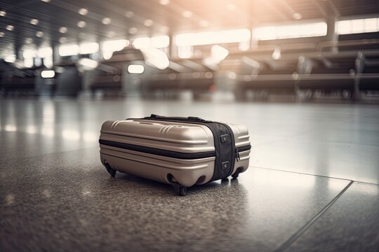 A misplaced or lost suitcase is seen abandoned in an airport terminal, possibly awaiting retrieval by its owner. Generative AI