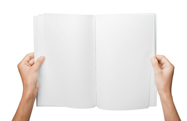 Hands holding  blank book isolated on white background