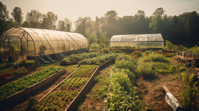 Eco-Agricultural Haven: Sustainable Farm, Diverse Crops, Greenhouses, Composting Facilities, Generative AI
