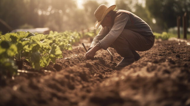 An engaging photo of a farmer tending to an organic vegetable garden, with a focus on healthy soil and biodiversity