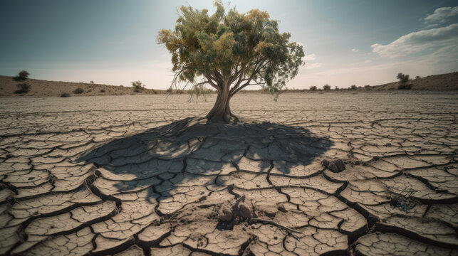 Lone Tree Resilience: Providing Sole Shade Over Dry, Cracked Farmland Landscape, Generative AI