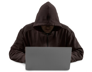 Undefined hacker using computer wearing dark hoodie isolated on white