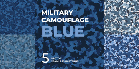 Seamless patterns of blue military camouflage. Army masking camo. Abstract camouflage ornament for fabric design and clothes © Any Goodstock