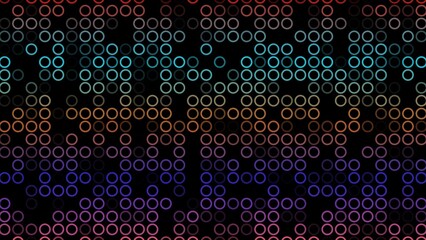 Multicolored flashing circles on a black background. Abstract festive background for advertising, congratulations, text. Colorful creative flat dynamic shapes animation. Business bg. 3D render