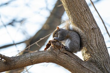 Closeup of a cute small squirrel sitting on a tree in a forest