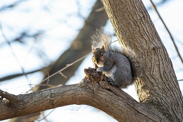 Closeup of a cute small squirrel sitting on a tree in a forest