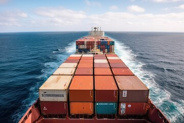 The deck of a massive container ship is shown, with rows of stacked containers towering overhead, as the vessel plows through the open ocean. Generative AI
