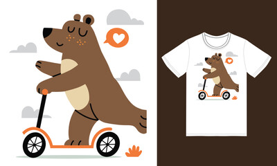 Cute bear riding scooter illustration with tshirt design premium vector © bayu