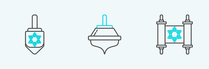 Set line Torah scroll, Hanukkah dreidel and icon. Vector