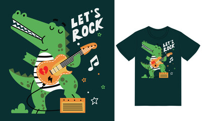 Cute crocodile playing guitar illustration with tshirt design premium vector