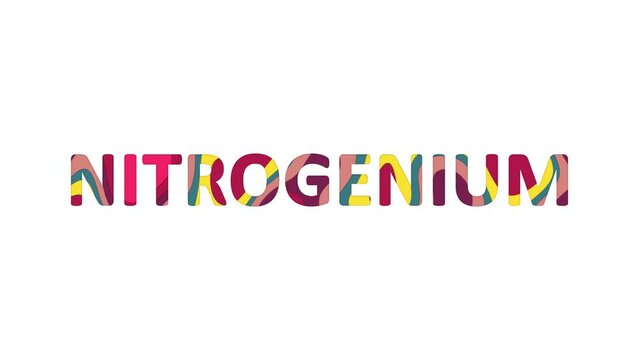Multi-colored inscription Element of periodic table NITROGENIUM with colored spots floating inside. Looped from frame 120 to 839, Alpha BW at the end