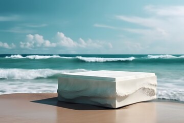 Fototapeta na wymiar Ocean background and beach-themed environment showcased on an empty space mockup podium in professional photography. Generative AI