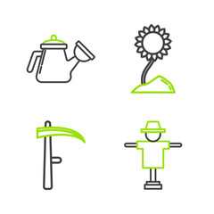 Set line Scarecrow, Scythe, Sunflower and Watering can icon. Vector