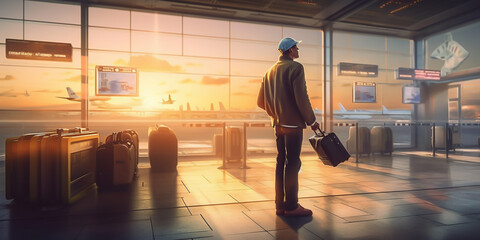 A calm male tourist, stands in the airport looking around with anticipation. He is ready to embark on his journey, eager to explore the world and experience new cultures. generative ai.