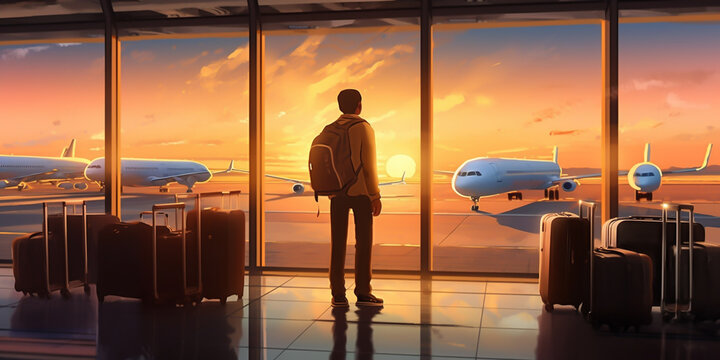 A calm male tourist, stands in the airport looking around with anticipation. He is ready to embark on his journey, eager to explore the world and experience new cultures. generative ai.