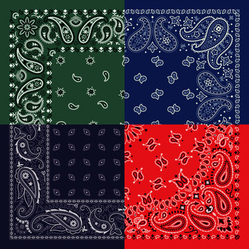 Colorful kerchief quad split paisley bandana fabric  patchwork vintage vector pattern